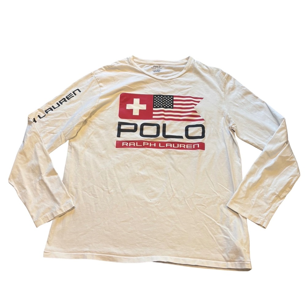 Polo Ralph Lauren Mens Long Sleeve Graphic T-Shirt White Flag Logo Large